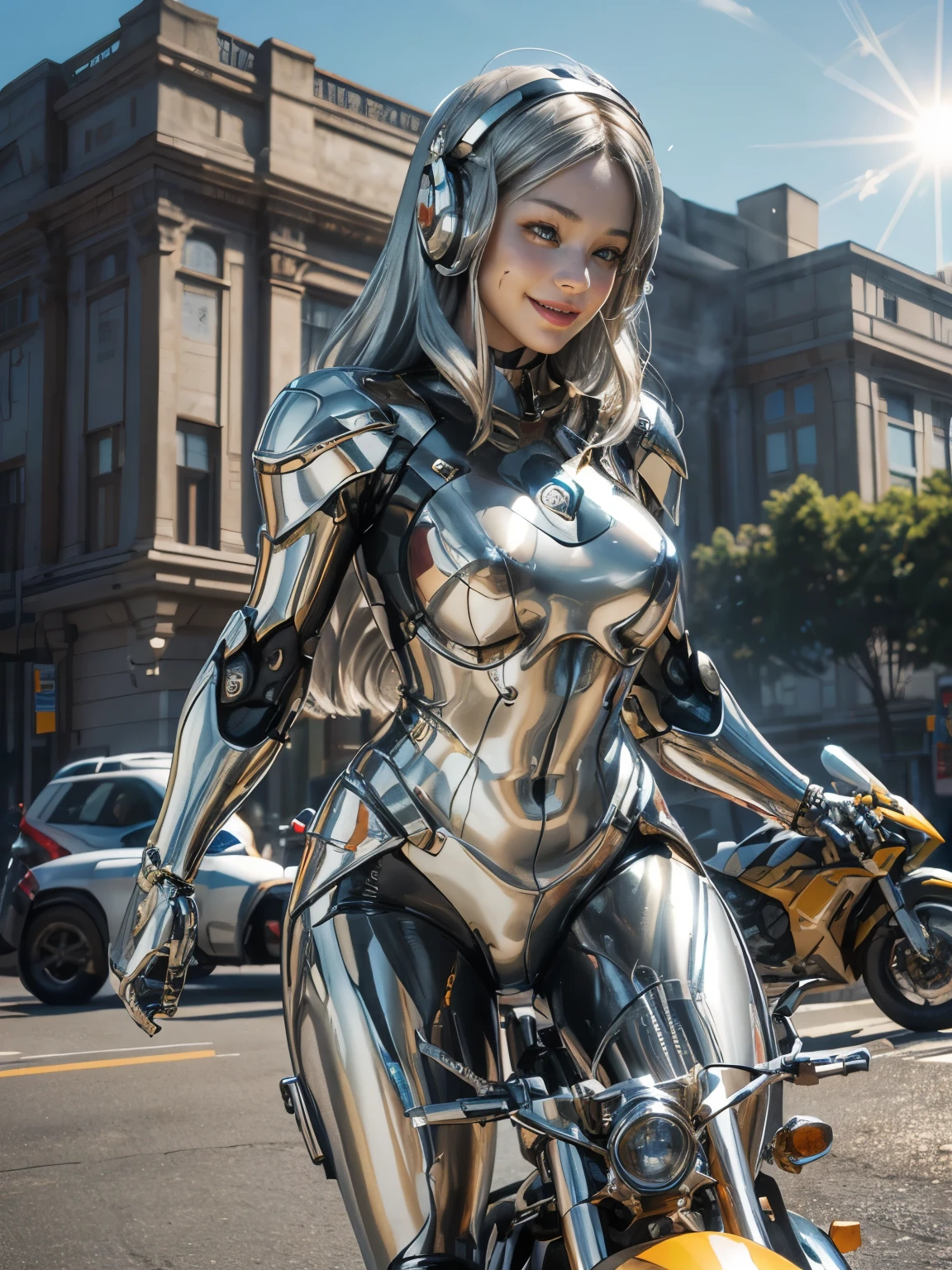 25 year old colossus style woman，(((A woman with a mechanized body))), slime, Dynamic Posedium: 1.3), (realistic:1.5), (realistic:1.4), 8k, Super detailed beautiful girl, 1 girl, (a sunny day:1.5), intricate body details, (short: 1.3), (highest quality: 1.0), (Super high sharpness: 1.0), (Silvery hair:1.4),（Beautiful and detailed eye depiction）,(riding a motorcycle:1.4),unreal engine:1.4,photorealistic:1.4, skin texture:1.4, master piece:1.8,highest quality at best,(Wearing a communication headset、future city、smile