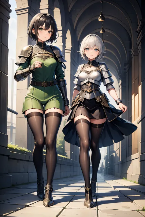 (((masterpiece))), (((best quality))), ((ultra-detailed)), (cinematic lighting), (illustration), (beautiful detailed eyes), (2girls), full body, space, knight, armour, light hair, skirt, walking, medieval city, (masterpiece, 2girls A and B), best quality, ...