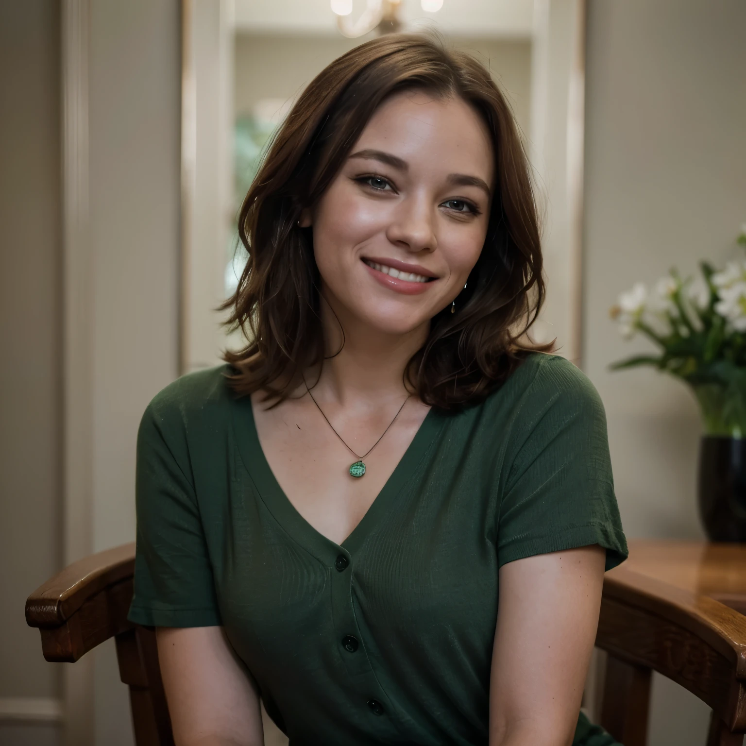 Arafed woman sitting in a chair with a green shirt on - SeaArt AI