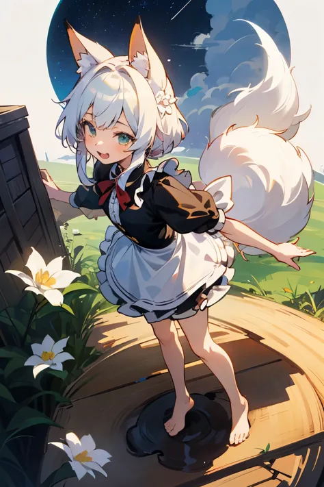 ink，watercolor，dirt，beautiful女の赤ちゃんのwhite hairQバージョン，cute、cute，2 head body，Maid clothes，Pure，beautiful，barefoot，（fox tail：1.4），tintin lily，I can&#39;t believe it&#39;s out of this world，small building，moon，There are small broken flowers on the head，fox ear...