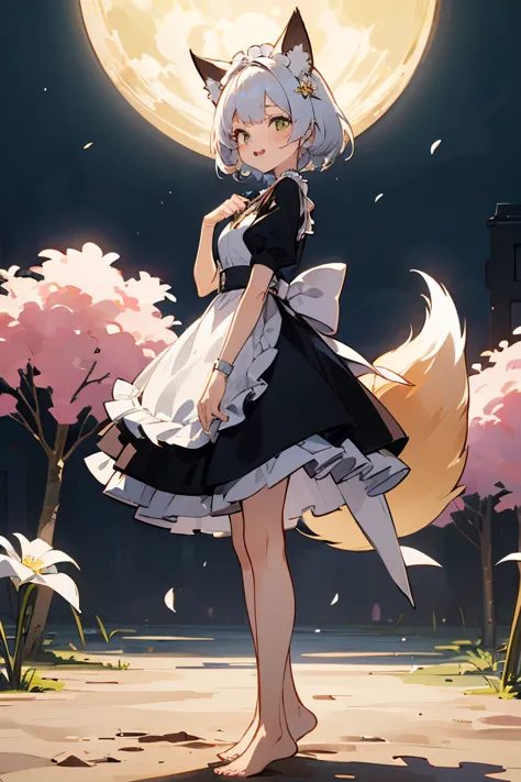 ink，watercolor，dirt，beautiful女の赤ちゃんのwhite hairQバージョン，cute、cute，2 head body，Maid clothes，Pure，beautiful，barefoot，（fox tail：1.4），tintin lily，I can&#39;t believe it&#39;s out of this world，small building，moon，There are small broken flowers on the head，fox ear...