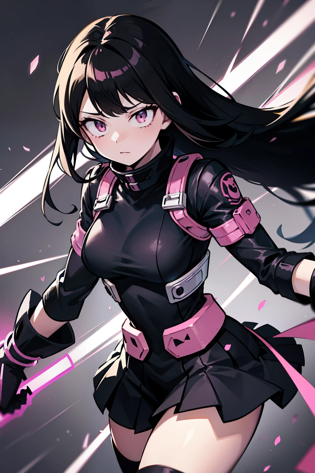 Estilo My Hero Academia,  anime, female, quadris largos, coxas largas, peito grande, Black Starfire is a mysterious heroine from Boku no Hero Academia with long black hair and striking bangs.. Corpo musculoso. Olhos rosa. Her hero costume consists of an all-black outfit that is a short black dress with pink accents and a high collar and short sleeves., combinado com meias pretas e botas coturno de combate. She also wears black gloves that help channel her pink power.. She is a character from Boku no Gero Academia.