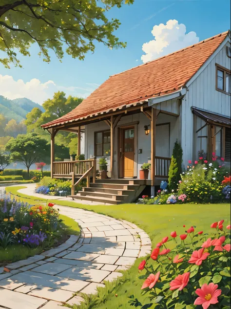 front，comic strip，side body，Sorissos，It is a spring landscape painting，suburbs，colorful flowers，And the sun is shining，（colorful...