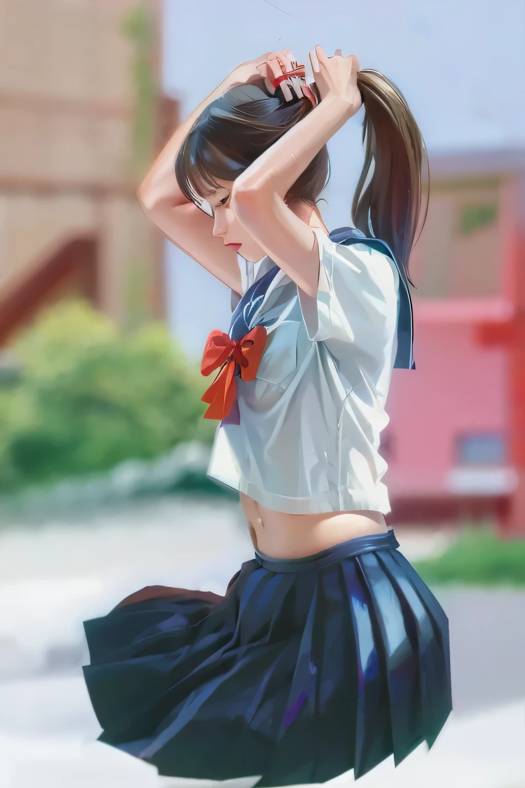 Anime girl wearing skirt and white shirt with red bow, Painting in animation artist studio, Produced by Anime Painter Studio, Smooth anime CG art, Anime realistic style, Xin Haicheng. digital rendering, Xin Haicheng style, Realistic anime art style, Xin Haicheng art style, Authentic anime style from pixiv, surreal 