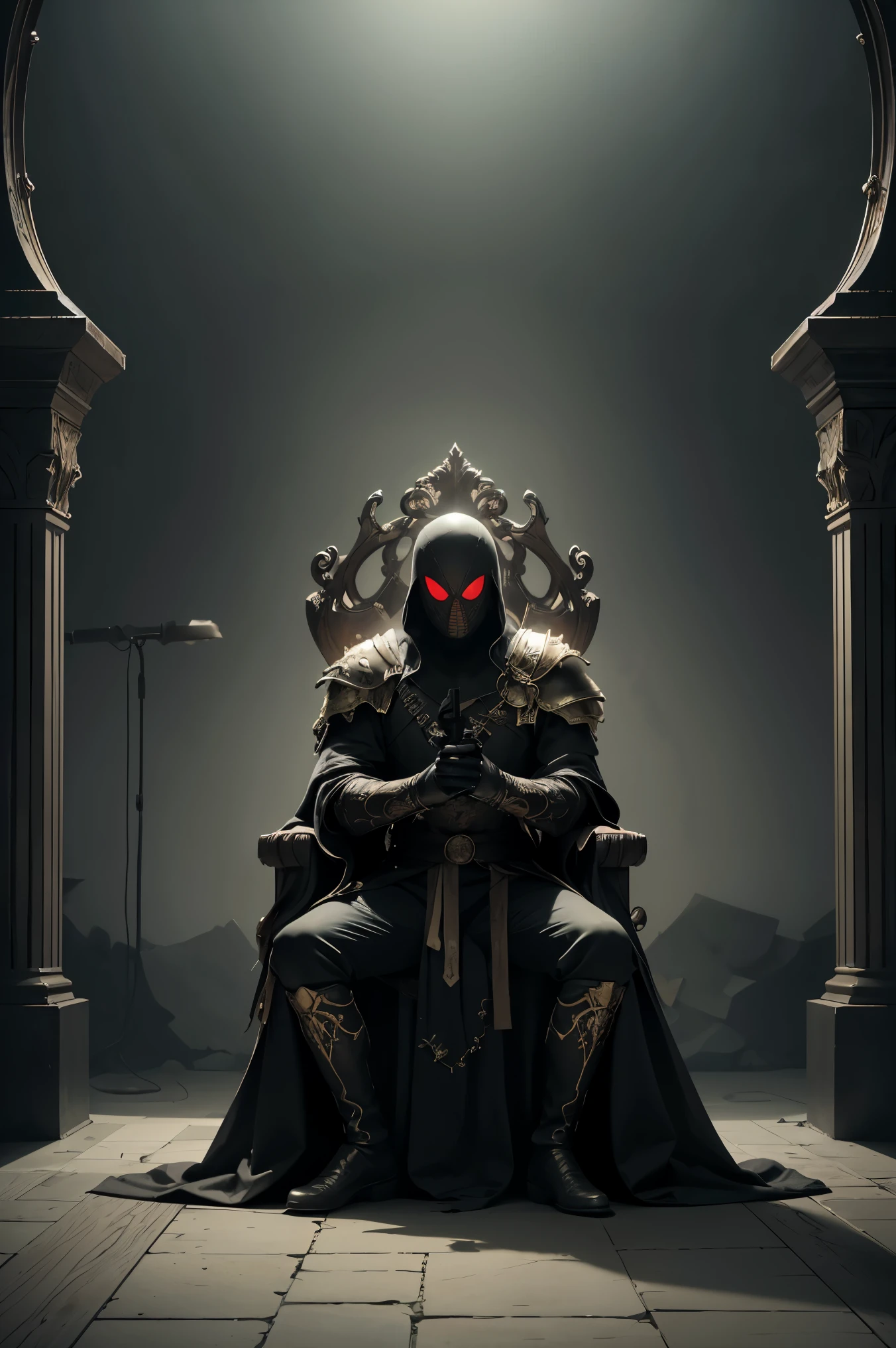 sitting on the throne, king of the dead with a crown of bones, black web robe, web, spiders on armor, with a black blade in his hand, fantasy, dramatic photo, dynamic photo, full body view,  model poses, blurred background, highly detailed, ultra-realistic, 8k, (realistic:1.3), poster, intricate details, painting \(artwork\), ((masterpiece,best quality)), ((cinematic light)), hyperealistic, fearsome, dark fantasy \(style\), detailed armor, detailed spider helmet, spider head, eight hands,  eight eyes, terrible, scary, ugly, (dark shot:1.17), epic realistic, faded, ((neutral colors)), art, (hdr:1.5), (muted colors:1.2), hyperdetailed, (artstation:1.5), cinematic, warm lights, dramatic light, (intricate details:1.1), complex background, (rutkowski:0.8), (teal and orange:0.4)