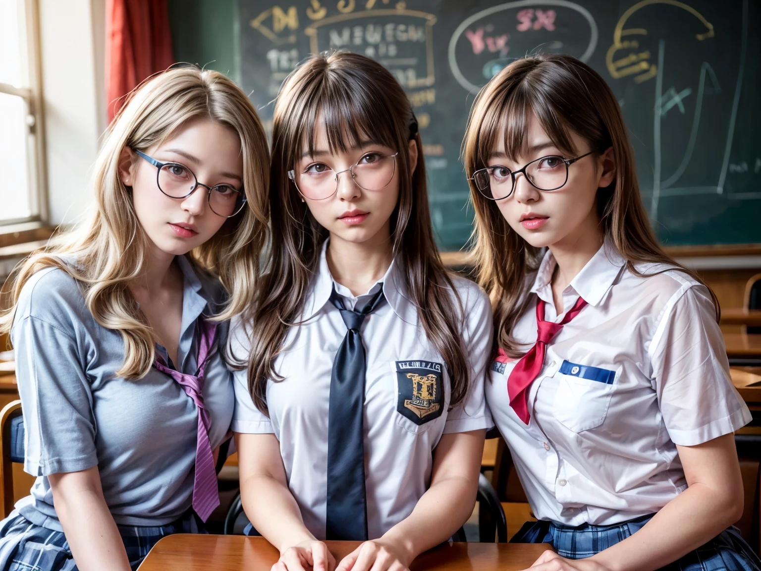 3 girls with medium hair wearing a school uniform and tie, beautiful a high school girls in (seifuku:1.3), a hyperrealistic school girls with huge sagging breast, high detailed official artwork, beautiful girls with slim body and slender posture, attractive girls sitting on the table with crossed legs in the classroom, marin kitagawa fanart, realistic , smooth photorealistic, perfect visual of a cute girls wearing stylish glasses, cute girls with skinice soft face, makoto shinkai and artgerm, photon mapping, natural light, vivid tones colors, playful ambient