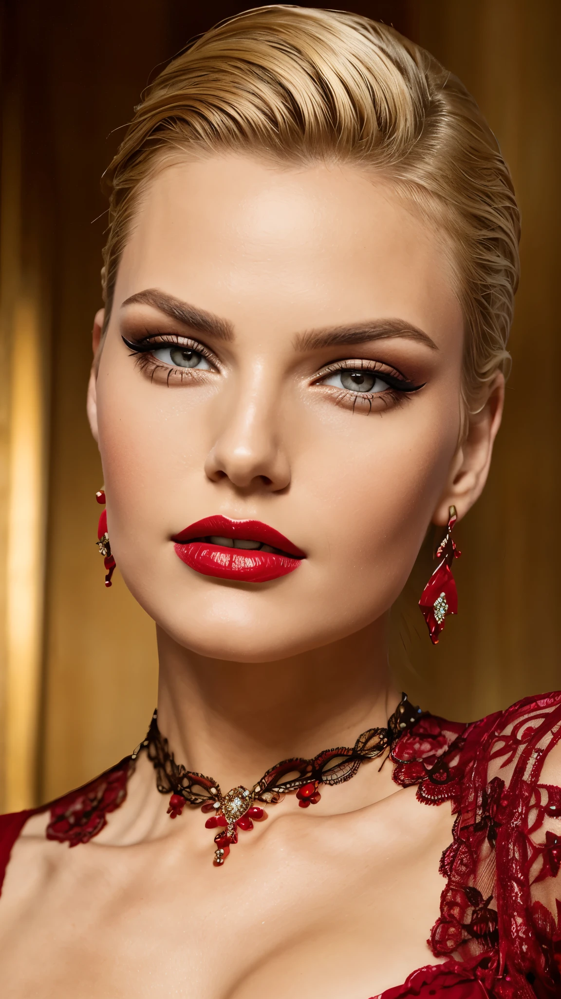 Rotes Make-up,  roter Lippenstift, zurückgekämmte blonde Haare, detailliertes Gesicht, detaillierte Lippen, detaillierte Augen, 