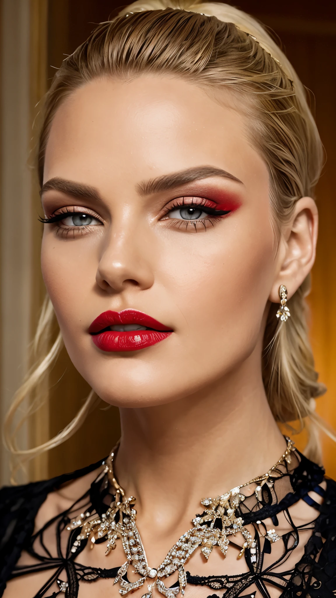 Maquillage rouge,  rouge à lèvres, Cheveux blonds lissés en arrière, Visage détaillé, lèvres détaillées, yeux détaillés, 