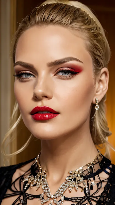 Red make-up,  red lipstick, slicked back Blond hair, Detailed Face, Detailed Lips, Detailed Eyes, 
