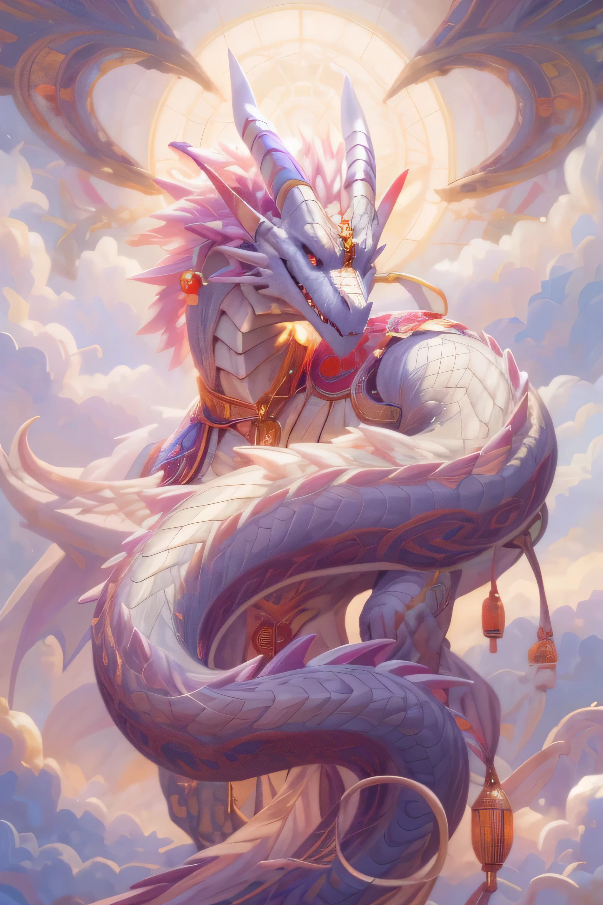 Pink hair and white face dragon painting, a dragon made of clouds, Dragon in the sky, majestic japanese dragon, Dragon God, dragon art, cyan chinese dragon fantasy, Soft and delicate dragon-like characteristics, spider, dragon shaped cloud, dragon dragon, Chinese fantasy, author：Yang Jie, dragon oil painting, dragon