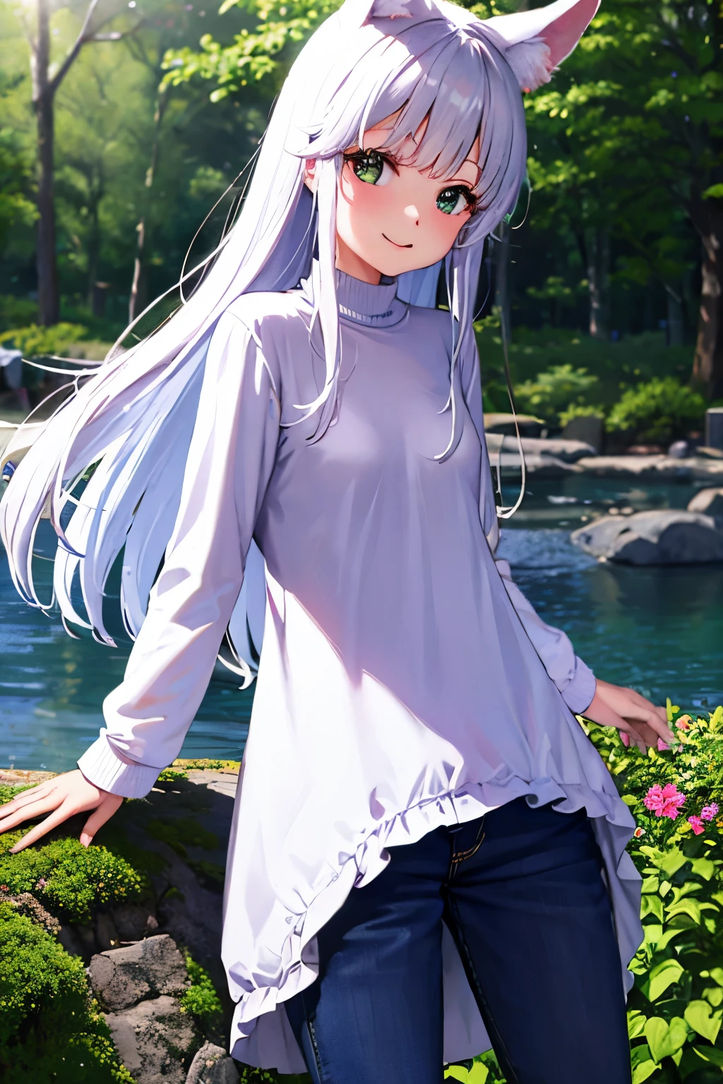 Anime girl with long white hair and blue eyes posing by a river - SeaArt AI