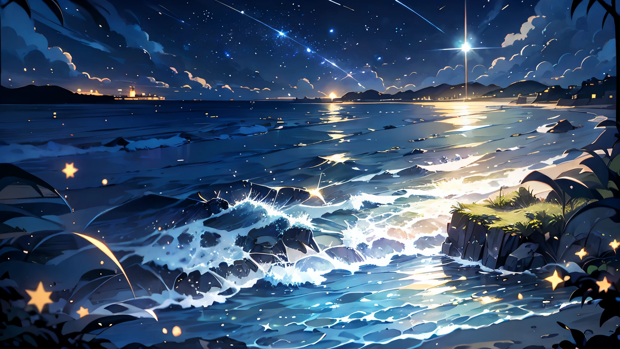 beau paysage animé,bord de mer,plein d&#39;étoiles,,砂浜の近くに立Un少女,Fille regardant les étoiles,une petite zone rocheuse,Vent léger,France, grande étoile brillante３Un,nuit, étoile filante,clair de lune,surface de l&#39;eau de la lune,Illustration dessinée à la main