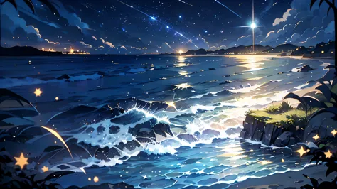 beautiful anime scenery,seaside,full of stars,,砂浜の近くに立One少女,Girl Looking At The Stars,a little rocky area,light wind,France, big...