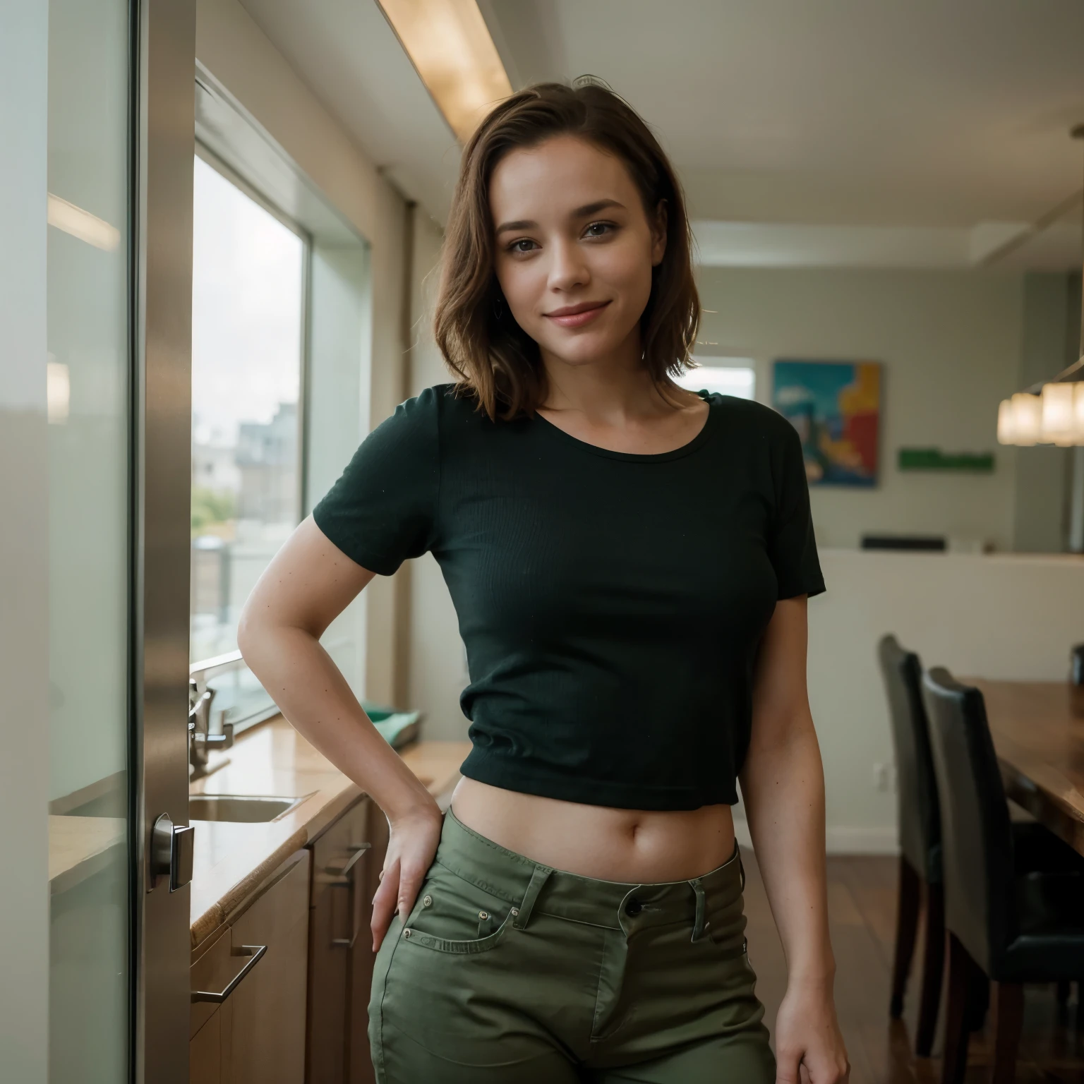 There is a woman standing in a kitchen with a green shirt - SeaArt AI