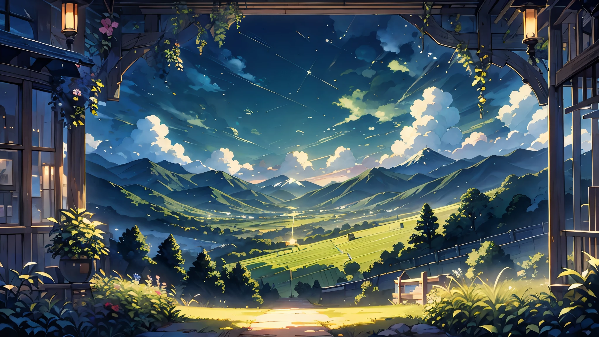 Style animé，soirée，soiréeの空，Montagnes，Entouré de nuages，prairie verte et forêt，Beau ciel，Beau paysage