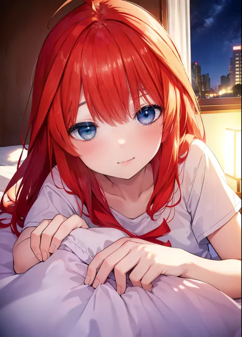 itsukinakano, Itsuki Nakano, bangs, blue eyes, hair between eyes, Ahoge, redhead,  ,A girl sleeps with both eyes closed，smile，Bedroom，the light goes out， covered with a blanket， windows，romantic starry sky，extreme light，A meteor crosses,T-shirt,red underwe...