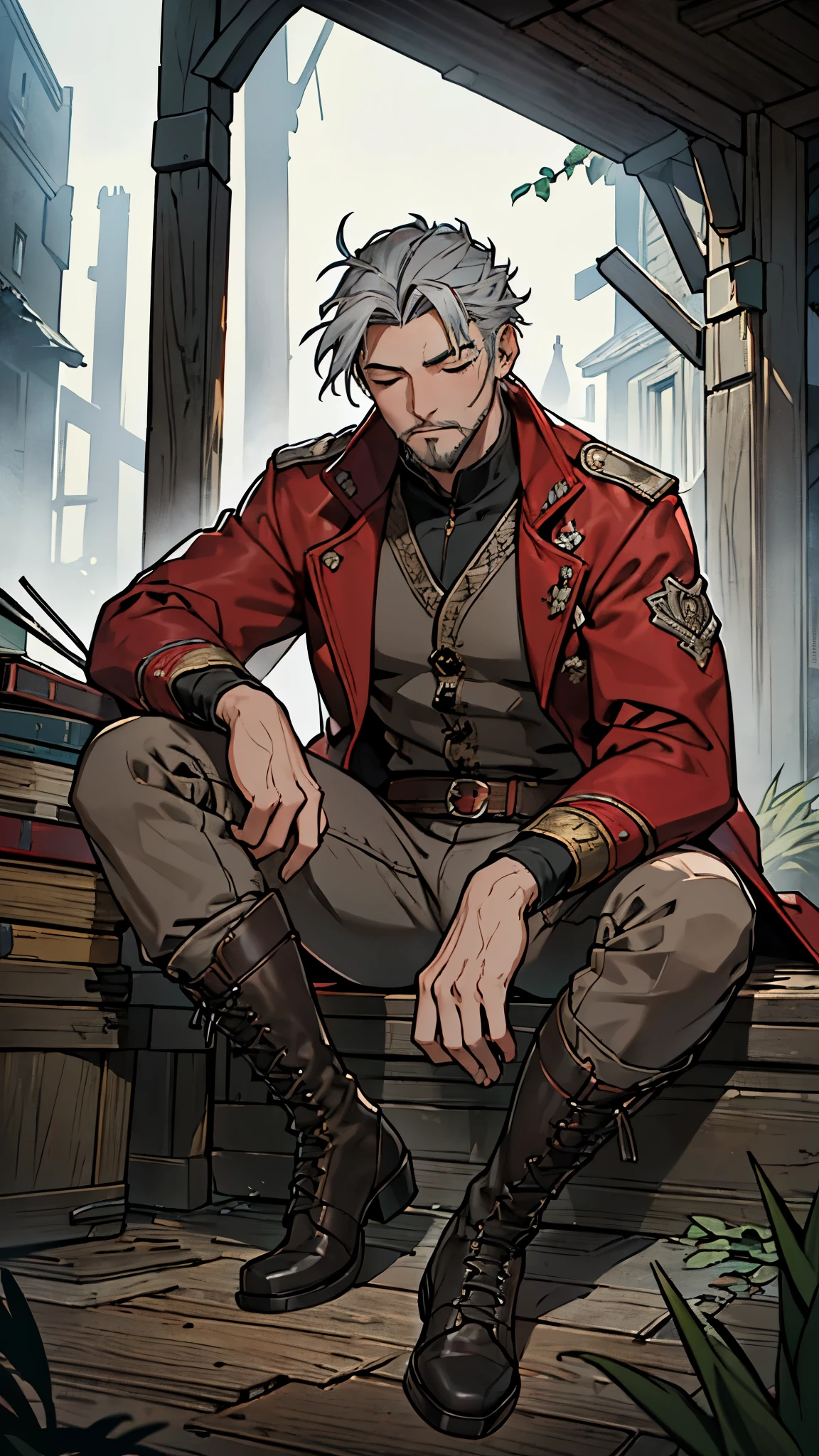 (masterpiece, sidelighting, finely detailed), ((best quality, detailed face)), ((masterpiece)), (highly detailed:1.3), closed eyes, young man, sitting, (messy grey hair), (calm expression), slight visible facial hair, surrounded by fog, scar on eye, (adventurer clothes), hidden arms, red coat, leather boots, loose pants,