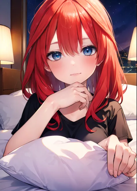 itsukinakano, Itsuki Nakano, bangs, hair between eyes, Ahoge, redhead,  ,A girl sleeps with both eyes closed，smile，Bedroom，the light goes out， covered with a blanket， windows，romantic starry sky，extreme light，A meteor crosses,T-shirt,red underwear,sleeping...