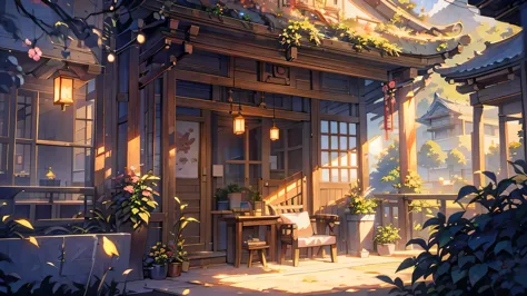Anime scenery from a room with a bench and a window, アニメのbackground art, landscape artwork, anime background, relaxing concept a...