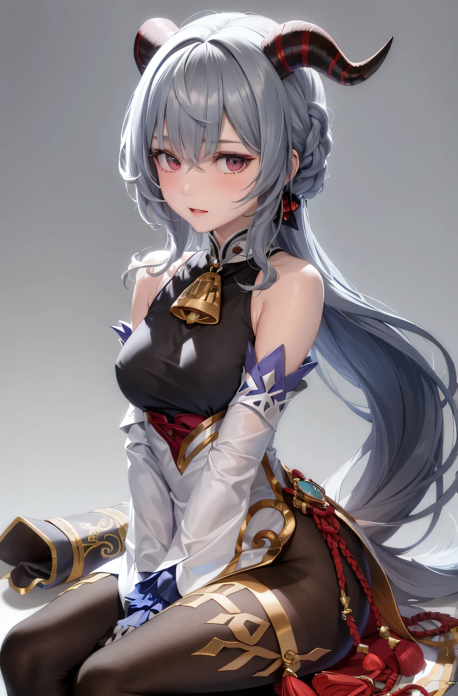 masterpiece, best quality,1 girl, alone, long hair, Chest, looking at the audience, sitting, blue hair, Alcohol, Detached sleeves, bell, bare shoulders, blush, medium Chest, rosette, imagine (Genshin Impact), Bangs, tassel, purple eyes, between legs, white sleeves, long sleeves, Chinese knot, pantyhose, side lock, goat horns, gold trim, neck bell, very long hair, hand , shut your mouth, hair between eyes, 小thigh, body stockings, red eyes, V arm, thigh, cowbell, low ponytail, brown pantyhose, open lips, pelvic curtain, black hand套, feet beyond frame, bow, hand套, black pantyhose, Curl corners, (gray background:1.4), simple background, (Berkshire:0.6)