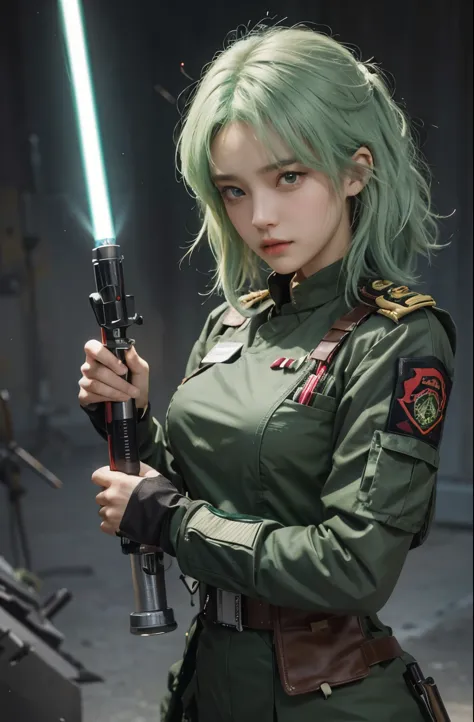 A beautiful woman. Seventeen. Light green hair. She is wearing a combat uniform that is based on red. He holds a light saber in ...
