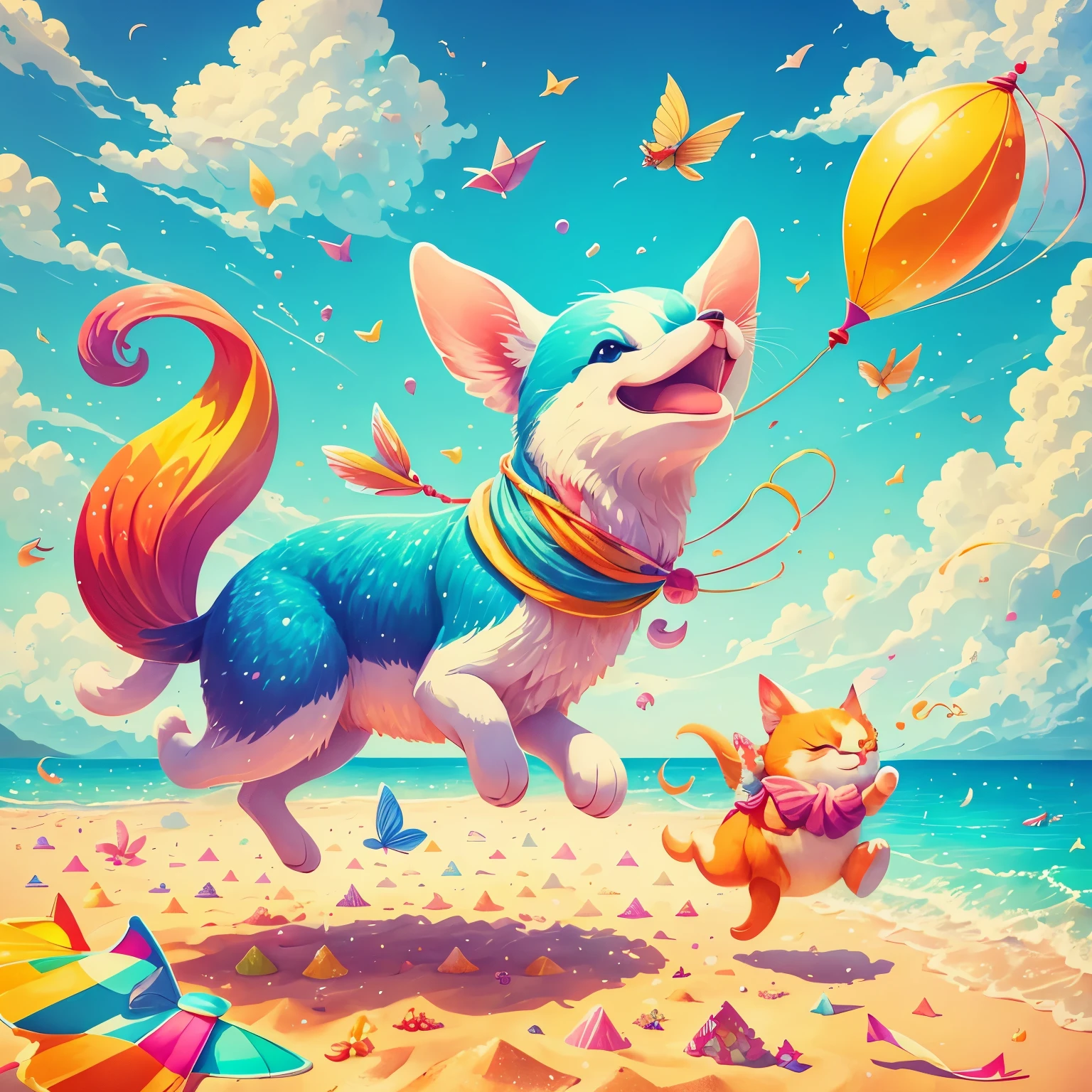 Prompt: Generate an image that reflects the anticipation of joy, Include -friendly elements such as playful animals, colorful landscapes, cheerful characters, and joyful activities like building sandcastles, flying kites, or having a picnic. Aim for a vibrant and inviting composition that sparks excitement and happiness in the viewer.