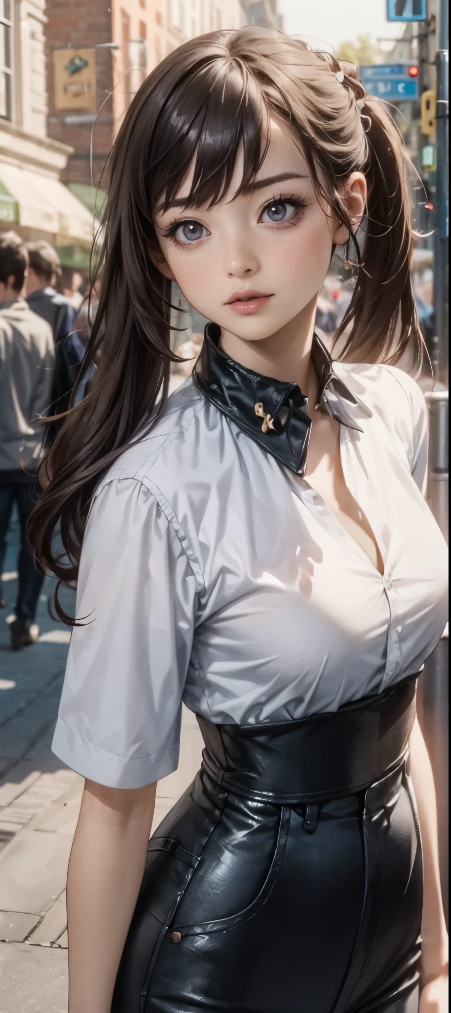 girl in summer clothes, white blouse, light blue shorts, pantyhose or long stockings, making like she wants to kiss you, view from viewer, medium breasts, cleavage, random backgroud, flirtatious look, ((very detailed)), (perfectly detailed face), (well detailed hand) photorealistic image.