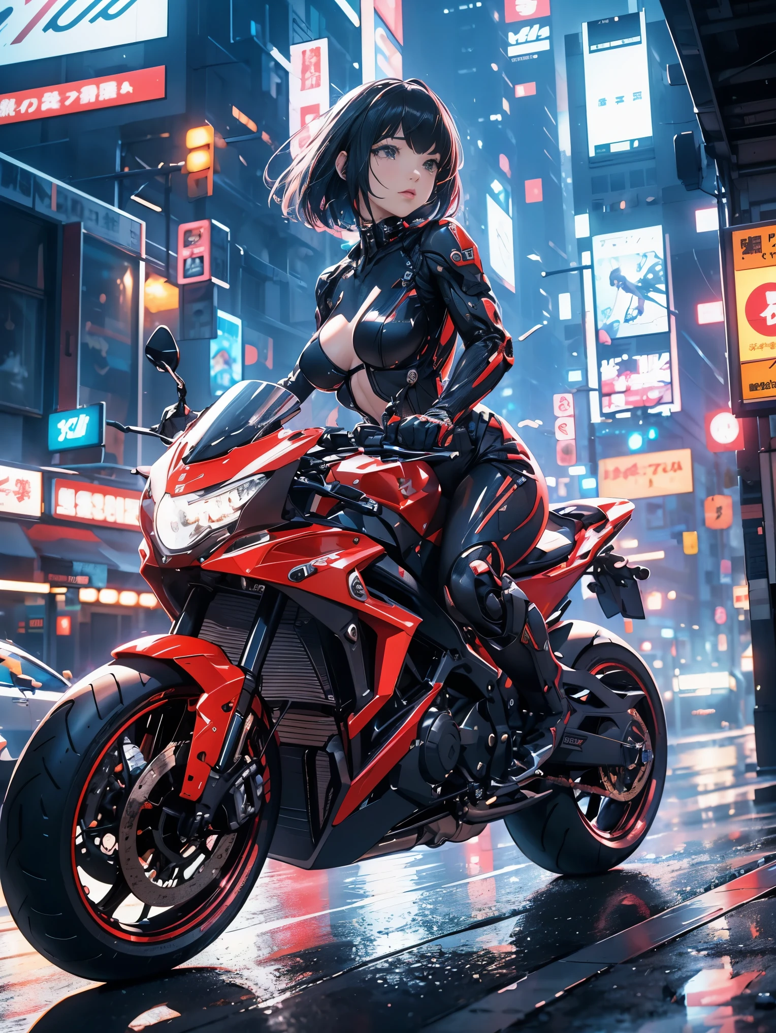 （female cyborg riding a bike）（（（In 8K. ＨＤＲ.hyper realism、master piece 1.2、wlop1、cinematic、Detailed content、Live photo 1.2, Highest quality 1.2、 Super detailed、very detailed、perfect shading、Low angle full body shot 1.2、1 photo、Commercial photo 1.2、50mm 、film grain、SF）））、（（（cyborg running on a bike、）））(mechanical joint: 1.2),((mechanical limbs)),(blood vessels connected to tubes),(mechanical vertebrae attached to the back),((Mechanical cervical connection to the neck) ), No expression, (wires and cables attached to the neck: 1.2), (Head wires and cables: 1.2), (focus on character), （rider suit、buildings at night、buildings at night、impressive night view、cyberpunk world、ride a motorcycle、ride a motorcycle),, (focus on character、Angle from the side)、（white skin、small breasts、black hair、short bob、bob hair、bangs）