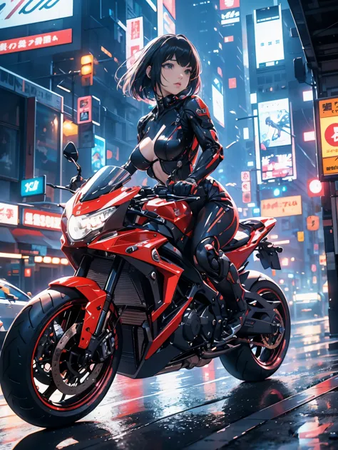 （female cyborg riding a bike）（（（In 8K. ＨＤＲ.hyper realism、master piece 1.2、wlop1、cinematic、Detailed content、Live photo 1.2, Highe...