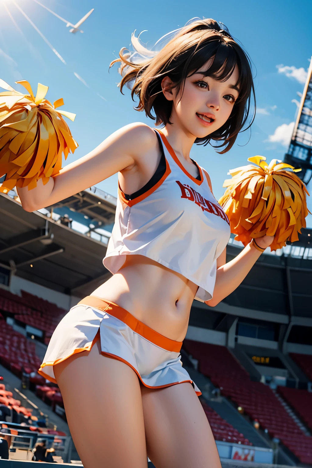 A close up of a woman in a cheerleader outfit holding a pom poms - SeaArt AI