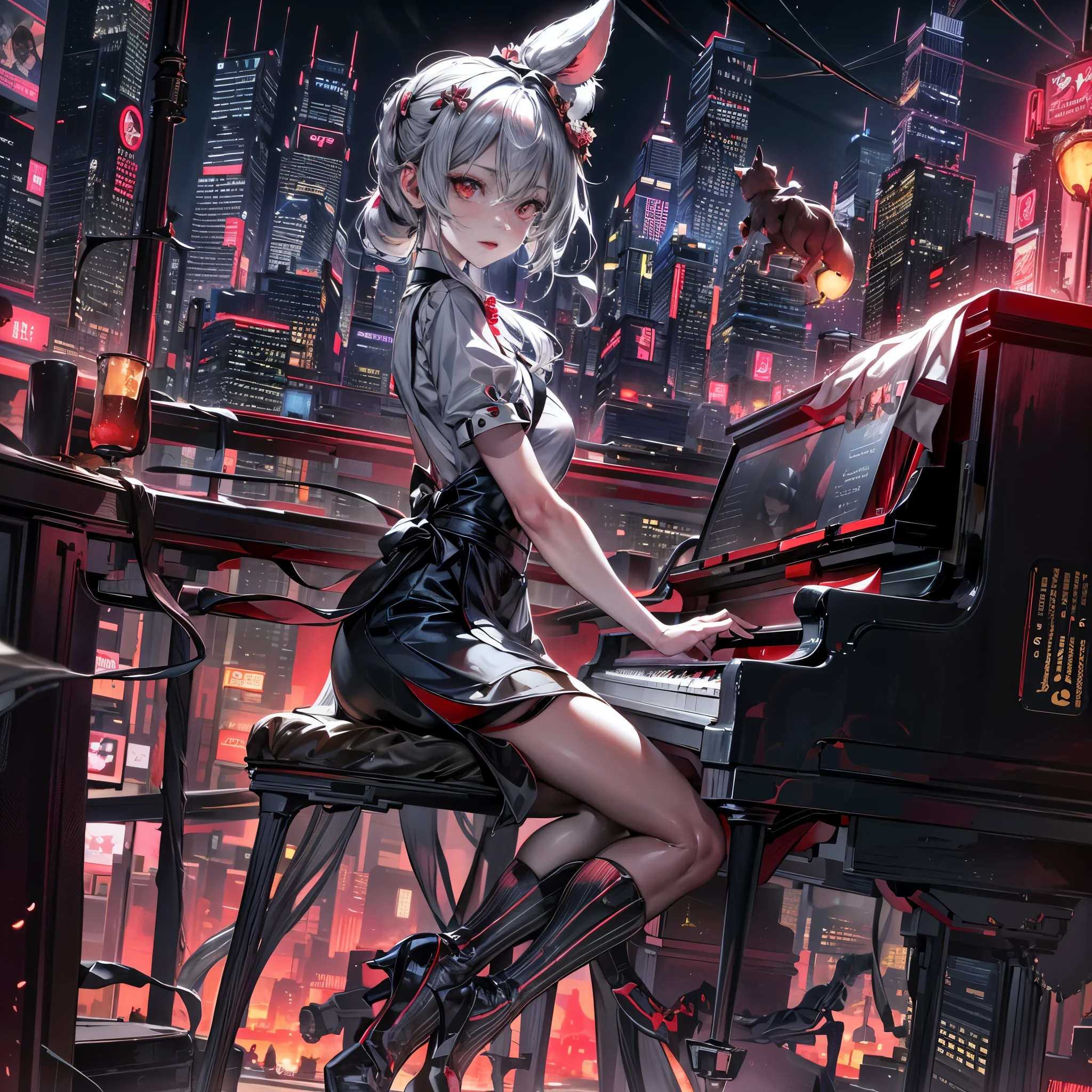 cinematic lighting,super dense skin、Beautiful quality with attention to detail,perfect anatomy,(replace、dim color, pleasant tone:1.3),mid journey anime style(Detailed beautiful facial features、red eyes:1.3)（A girl wearing a maid outfit with an apron、Girl playing the piano:1.4）、（cyberpunk style apron:1.5）Big city buildings at night、building roof、Skyscraper（Playing the Grand Piano、highly detailed hands and feet:1.3）dynamism（the night deepens、shining moon、beautiful night:1.5）monster cat girl、whole body