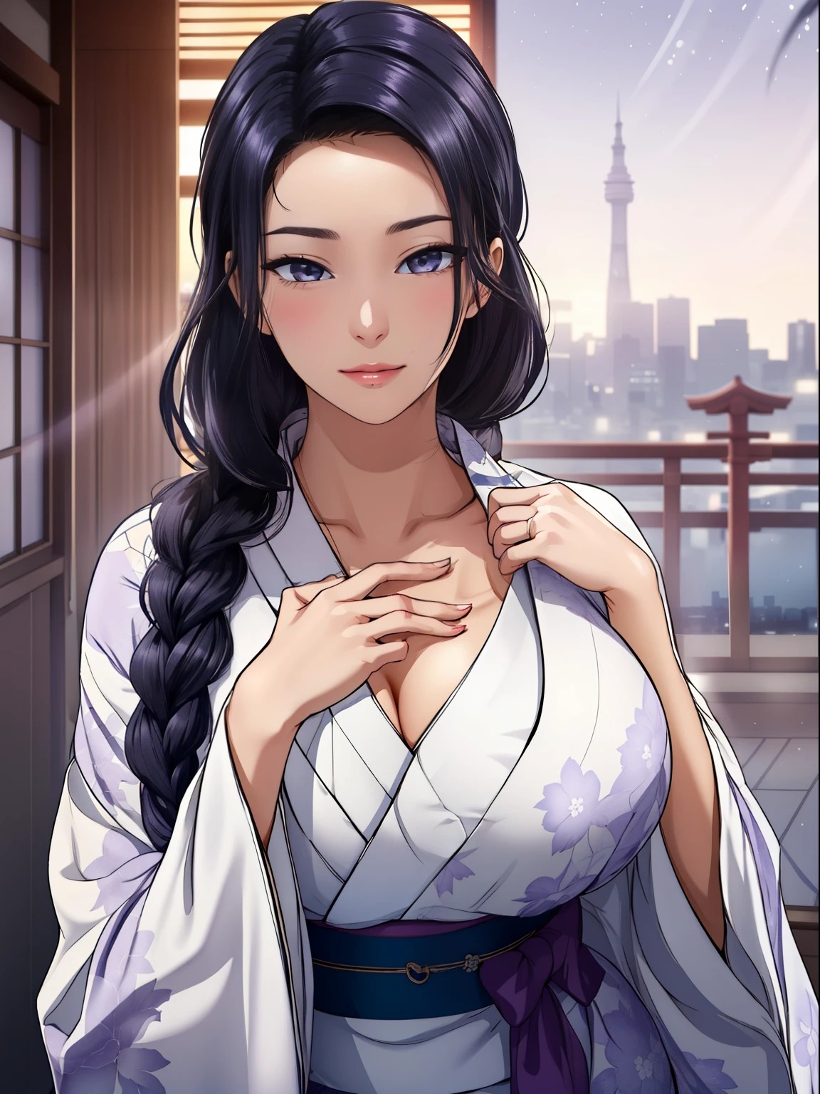 (night:1.7), Japan, Tokyo, City view, in front of the window,
looking at the viewer, (fascinating look:1.2), Happy, 笑face,
(white_kimono:1.3),cleavage,
black_hair, length_hair, hair_pulled_return,Broke up_lips,purple_eye, Braid,
1 girl, 24-years-old,mature woman,beautiful Finger,beautiful length legs,beautiful body,beautiful Nose,beautiful character design, perfect eye, perfect face, perfect fingers, perfect hands, Perfect chest, perfect body,
looking at the viewer, in the center of the image,
NSFW,official art,highly detailed body, exteremly detailed face, extremely detailed hair, extremely detailed eye, wallpaper, perfect lighting,Farbeful, bright_front_face_lit,
(masterpiece:1.0),(Highest_quality:1.0), 超High resolution,4K,super detailed,
photograph, 8K, HDR, High resolution, disorganized:1.2, kodak portrait 400, film grain, blurry returnground, bokeh:1.2, Lens flare, (lively_Farbe:1.2)
(beautiful,big_chest:1.4), (beautiful_face:1.5),(narrow_waist),