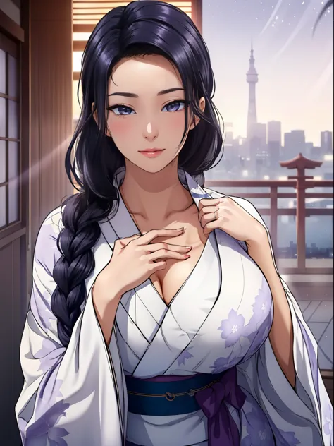 (night:1.7), Japan, Tokyo, City view, in front of the window,
looking at the viewer, (fascinating look:1.2), Happy, 笑face,
(white_kimono:1.3),cleavage,
black_hair, length_hair, hair_pulled_return,Broke up_lips,purple_eye, Braid,
1 girl, 24-years-old,mature...