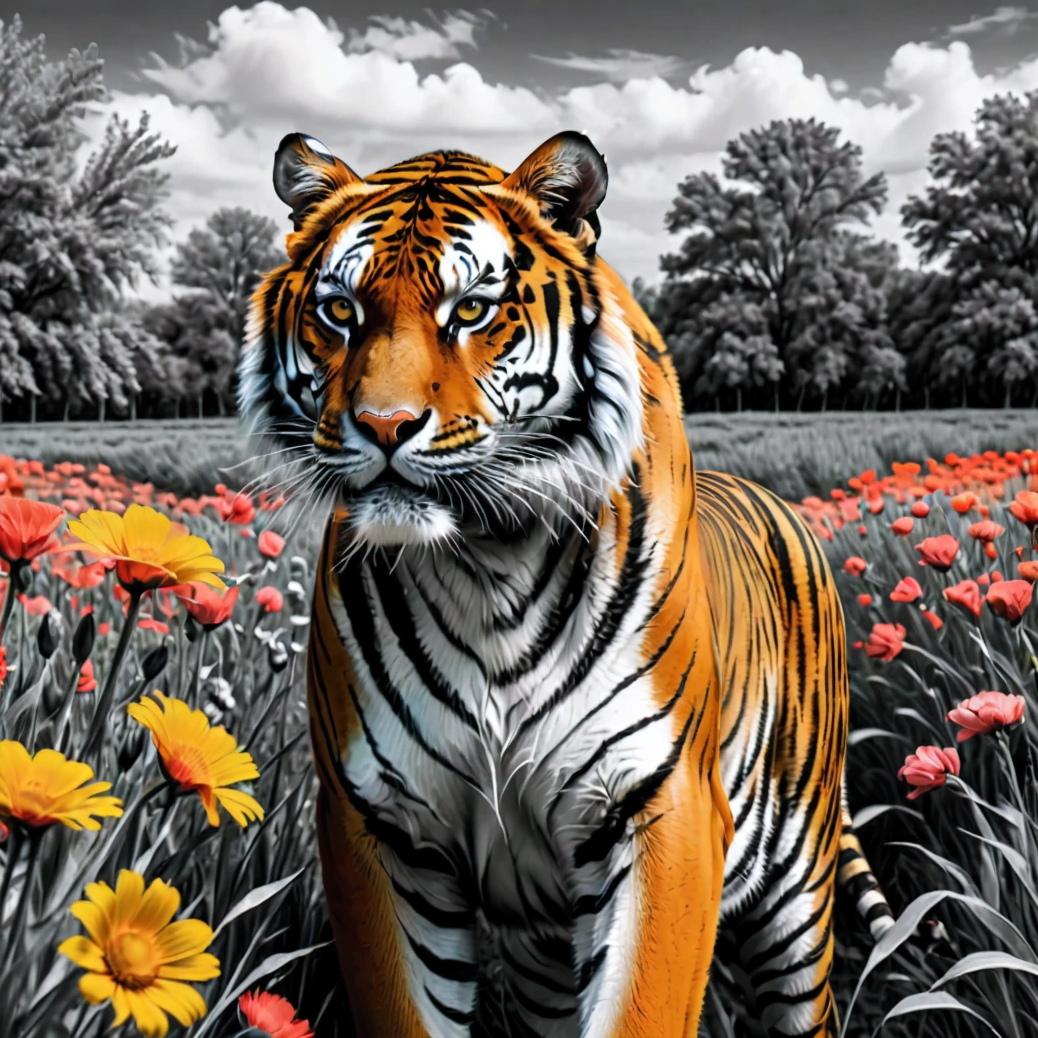 ((Селективный окрас)), Рисунок величественного тигра на цветочном поле, плавные линии, произведение изобразительного искусства, Выражайте выражения и позы с помощью контраста чернил., подчеркнуть свет, тень и пространство. фигуративное искусство, (Лучшее качество, 4K, 8К, Высокое разрешение,шедевр:1.2) ,(действительный, photoдействительный, photo-действительный:1.37). 