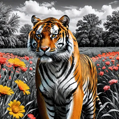 ((Selective color)), Drawing of Majestic Tiger in flower field, smooth lines, fine art piece, Express expressions and postures t...