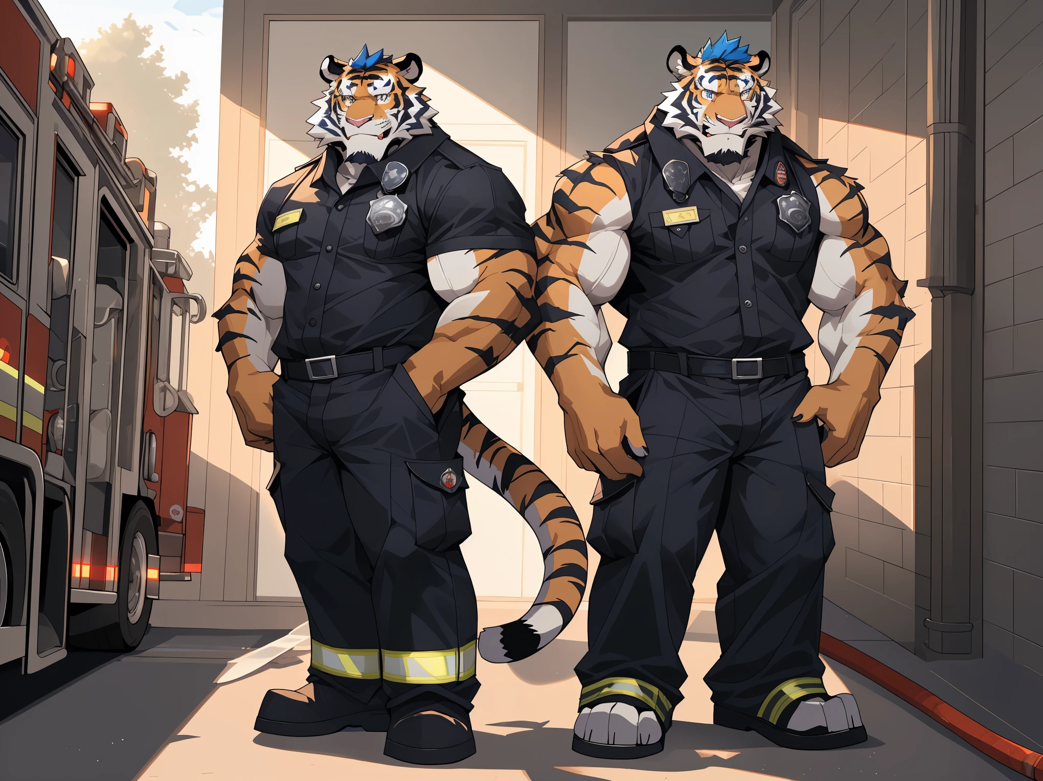 disney,anime character with tiger, tiger_beast, Firmware version, high resolution committee, ((tiger)), gigachad muscular, muscular!!, only, muscular!, anthropomorphic tiger, muscular character, Kushat Konzi, super detailed!!, muscular!!!, beefy, whole body委托, whole body细节非常丰富,16k,(whole body:1.2),(The two eyes are not the same color，different color pupils:1.5),HD,(colored hair:1.5),(firefighter:1.5),Take Fire station,firefighter attire,firefighter top,firefighter pants,firefighter boots,firefighter helmet)