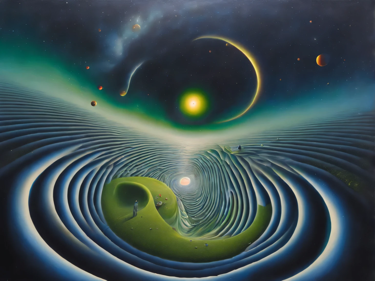 Oil painting on canvas with Optical illusions and effects of visual deception, (outer space with a distant horizon flows down as a dark puddle onto the green grassy landscape of an unknown planet), (Spatial gap in the vertical plane:1.8), (the spiral of space-time twists into a point:1.5), space snails crawl below and look up, interstellar fish fly higher and look down, the train flies towards the viewer from beyond the horizon from the point of compression of space-time, complete psychosis, surrealism, abstraction, Psychedelics, Optical illusions, optical effects in the picture, Mixing styles, (Hidden meanings: 1,4255), oil on canvas, (Ivan Aivazovsky:1.415), Yves Tanguy, Giorgio de Chirico, Salvador Dali, Paul Delvaux, (Rob Gonsalves:1.3155), Means Varo Urangi