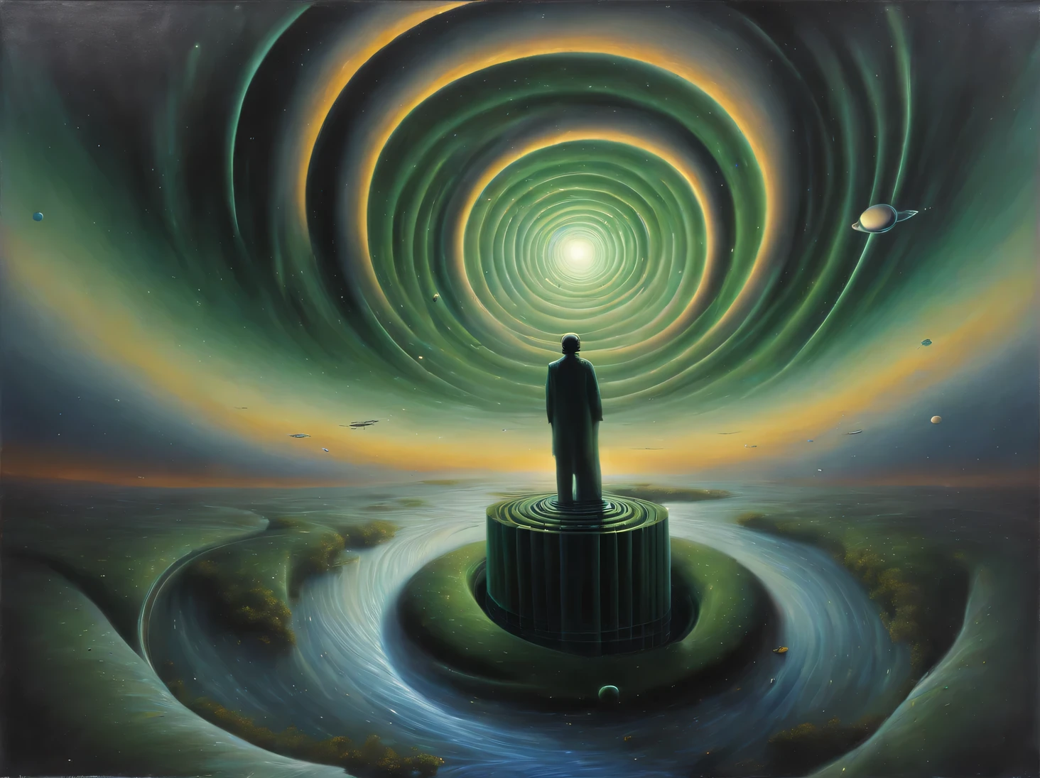 Oil painting on canvas with Optical illusions and effects of visual deception, (outer space with a distant horizon flows down as a dark puddle onto the green grassy landscape of an unknown planet), (Spatial gap in the vertical plane:1.8), (the spiral of space-time twists into a point:1.5), space snails crawl below and look up, interstellar fish fly higher and look down, the train flies towards the viewer from beyond the horizon from the point of compression of space-time, complete psychosis, surrealism, abstraction, Psychedelics, Optical illusions, optical effects in the picture, Mixing styles, (Hidden meanings: 1,4255), oil on canvas, (Ivan Aivazovsky:1.415), Yves Tanguy, Giorgio de Chirico, Salvador Dali, Paul Delvaux, (Rob Gonsalves:1.3155), Means Varo Urangi