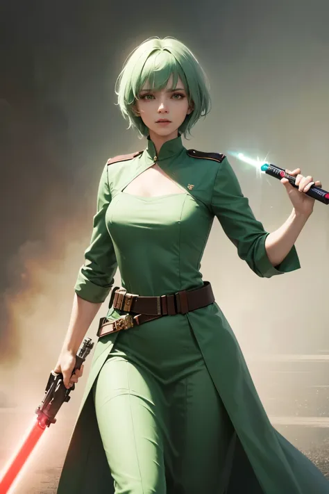 a beautiful woman. seventeen. light green hair. she is wearing a combat uniform that is based on red. he holds a light saber in ...