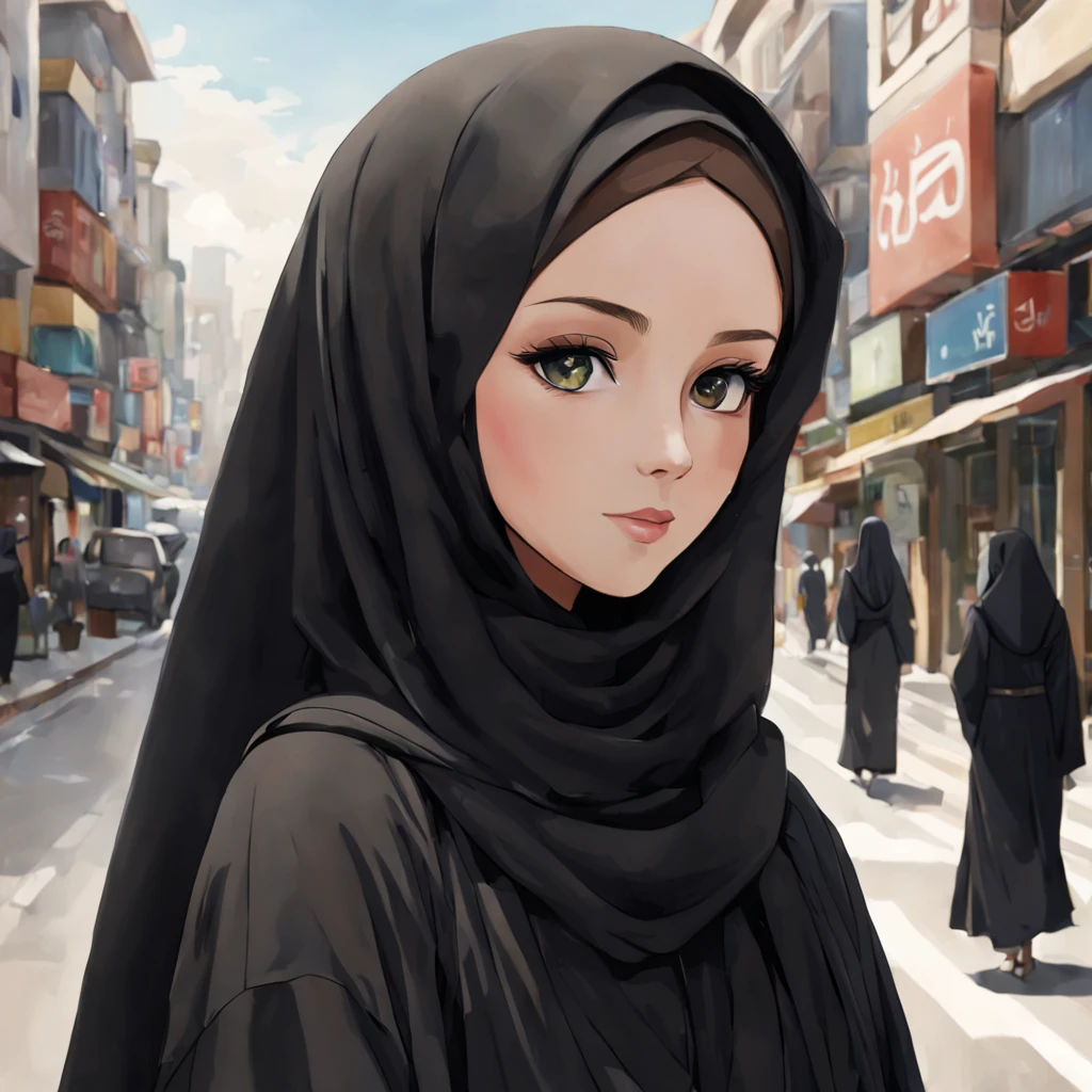 Craft an anime-style close-up portrait of a 24-year-old woman, her unadorned eyes reflecting serenity and inner peace, draped in a black Abaya and Khimar Hijab. Behind her, the bustling streets of a modern city blur into the background, symbolizing the harmony between tradition and contemporary life, while the woman's modest attire serves as a timeless reminder of faith and humility.