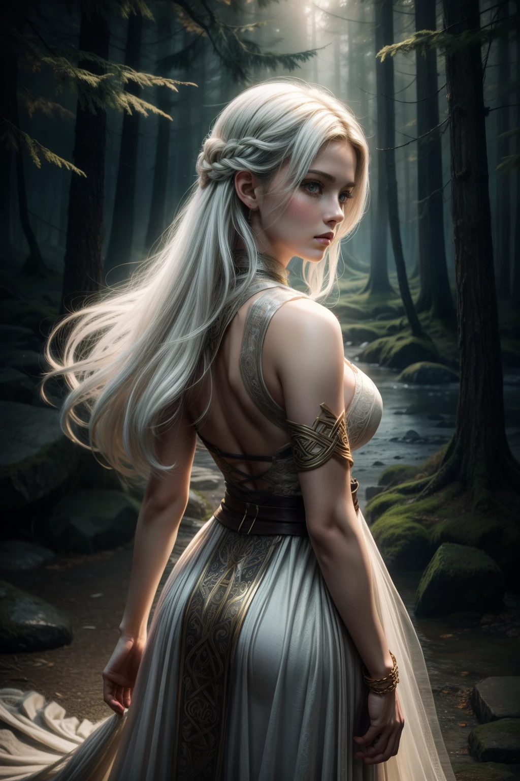 (masterpiece), (best quality), (ultra-detailed), (masterpiece:1.2), ((Hair: half black, half white)), (best quality), (ultra-detailed) Celtic Warrior Woman, Stone Ruins, Tall and Slender, Flowing Dress with Celtic Knot Jewelry, Procreate, Watercolor Technique, Poster Design, 300 DPI, Soft Lighting, Ethereal Art, Mysterious, Serene Expression, Enchanting Atmosphere, bokeh, photo, 8k, dark, dynamic action, pale washed out style, dreamy nostalgic, soft focus, dark vignetting, light leaks, medium photography, gloomy artistic painterly ethereal, whimsical, coarse grain photo
art germ and James jean. focus tilt-shift camera.