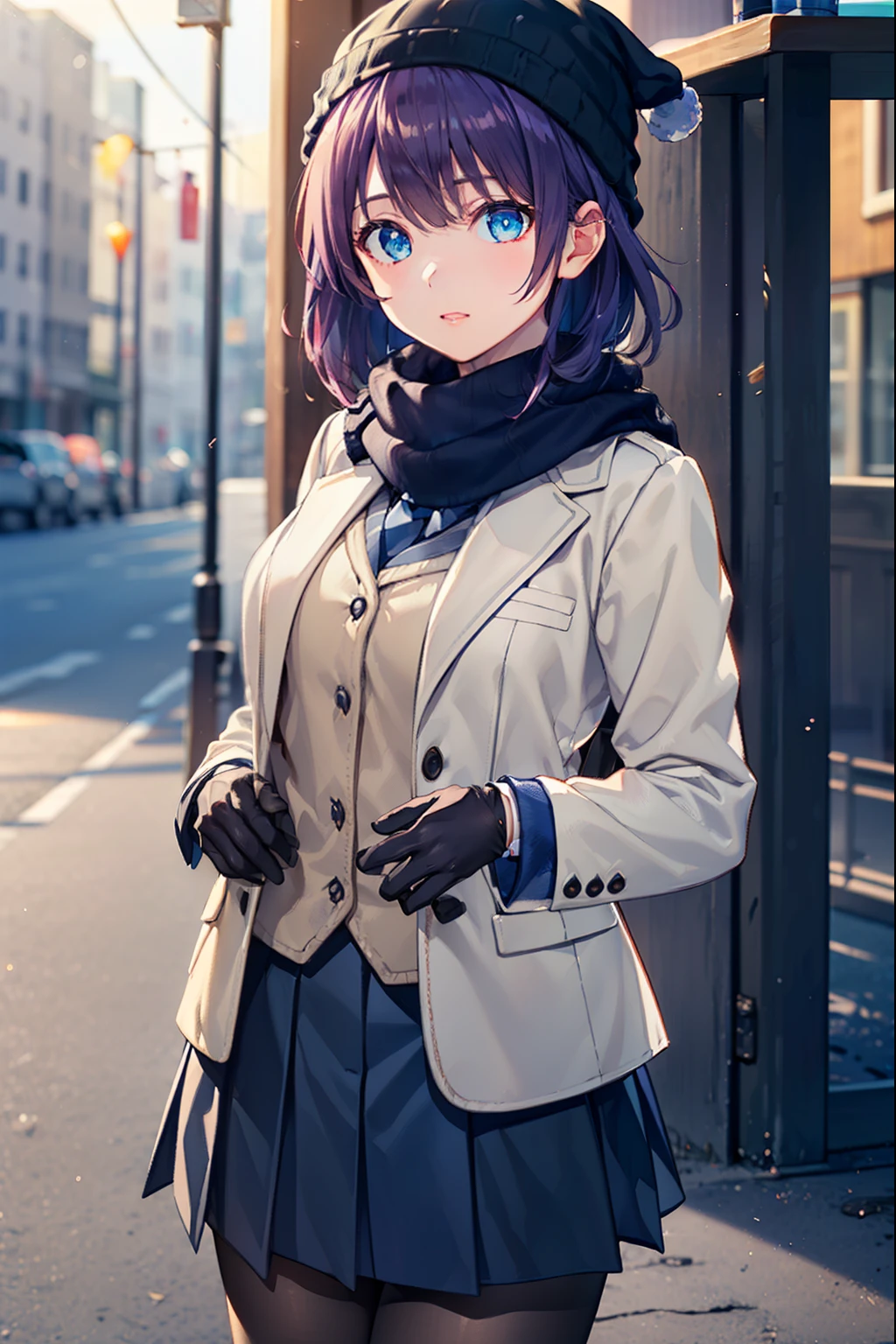 Hitagi Senjogahara, Hitagi Senjogahara, short hair, bangs, blue eyes, purple hair, (medium breasts:1.2), 
break skirt, shirt, gloves, long sleeve, have, , Jacket, pantyhose, pleated skirt, open your clothes, tie, black skirt, scarf, オープンJacket, coat, Black pantyhose, fur trim, 黒のtie, blue hat, ピンクのshirt, beanie, Winter clothes, blue scarf, Naoetsu High ,
break outdoors, city, Yuki,
break looking at viewer, (cowboy shot:1.5),
break (table top:1.2), highest quality, High resolution, unity 8k wallpaper, (figure:0.8), (beautiful and fine eyes:1.6), highly detailed face, perfect lighting, Highly detailed CG, (perfect hands, perfect anatomy),