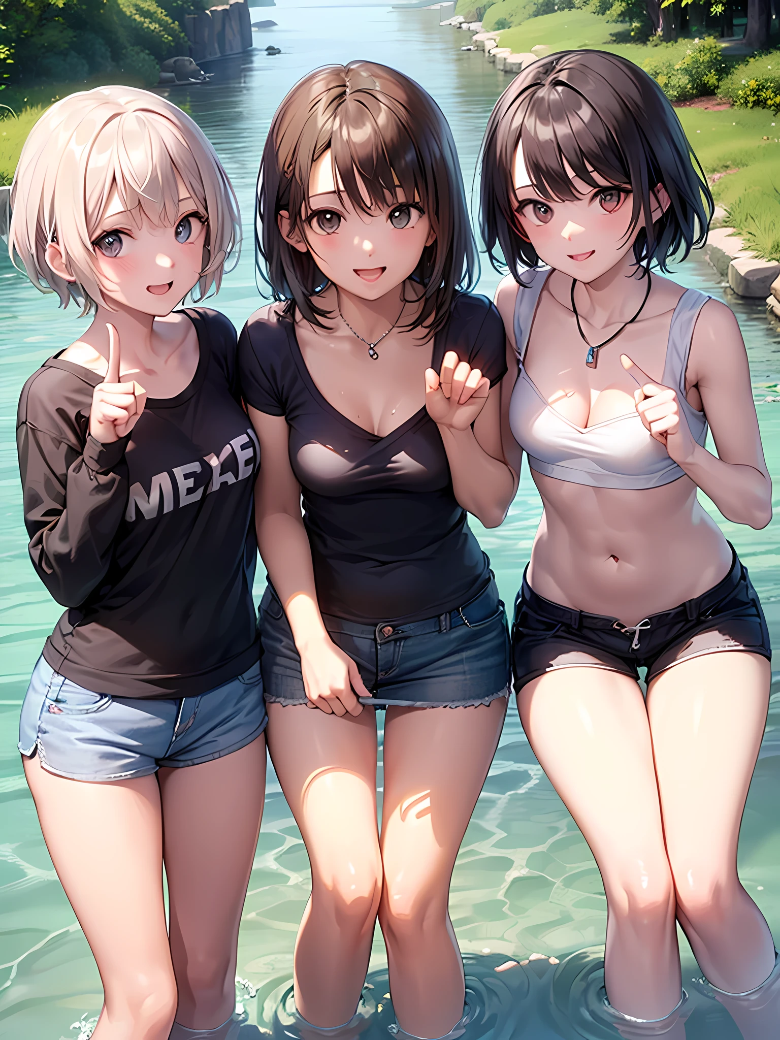 ((highest quality)), ((masterpiece)), (Cute baby girl), (3 girls:1.3), cute three girls are posing for a camera outdoors in the water, shirtをつかむ, stand in line, (Close-up shot from the knee:1.3), perfect face, smile, (open your mouth and smile:1.3), embarrassed look, (precise fingers:1.3), hair band, head band, hair bobble, blouse, shirt, I can see your underwear, (pastel colored underwear), high resolution eyes, accurate eyes, (high resolution eyes:1.8), (High definition finger 1.8), light smile, , chest, realistic, 4-year-old, 5 years old, 6 years old, 7 years old, knee socks, short skirt, Asian, Westerners, silver hair, brown hair, blonde, belly button, jewelry, looking at the viewer, necklace, water, , Wet, long hair, short hair, abs,