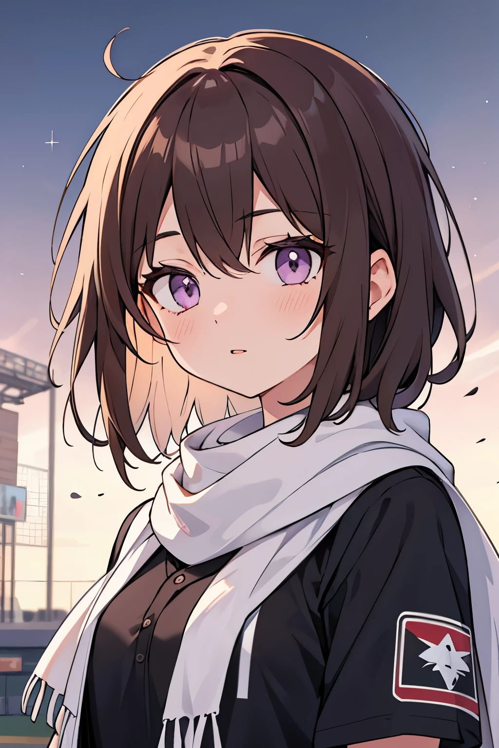 1 girl , short brown hair ,light purple eyes, black shirt , baseball wear, white scarf around the neck , 8K texture , super resolution , looking at the viewer