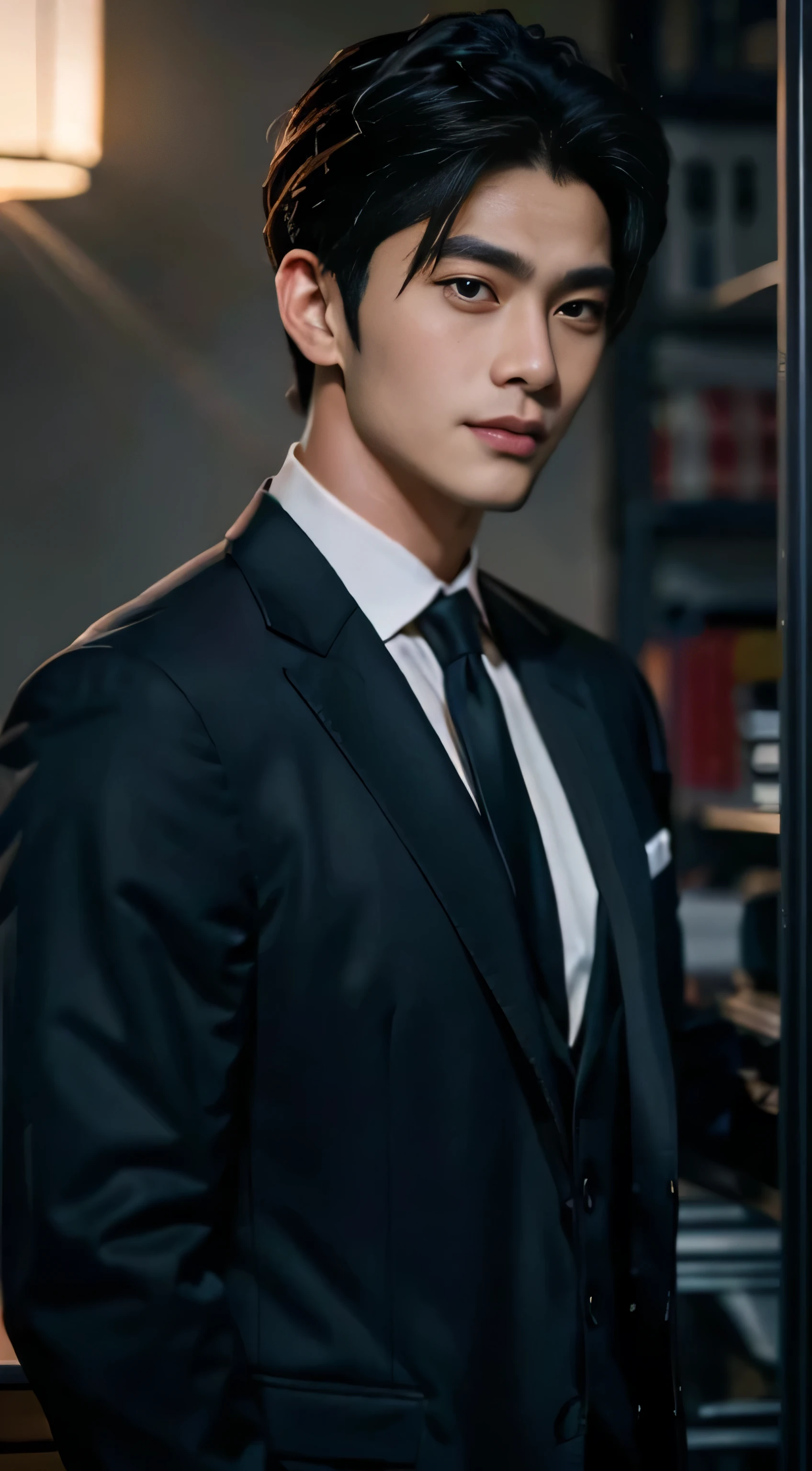 ((Men)), (head shot), (frontal face), (half body view), (Handsome muscular man in his 30s wearing black luxury suit with black necktie), zi wang (prince chiu), Mischievous smile, (detail: 1 in 1), Natural muscles, HIG quality, beautiful eyes, (Detailed face and eyes), (Face、: 1 / 2), Noise, Real Photographics, ... ...................................................................................................PSD, Sharp Focus, High resolution (8K), realistic & Professional Photography, 8K UHD, Soft lighting, High quality, Film grain, FujifilmXT3