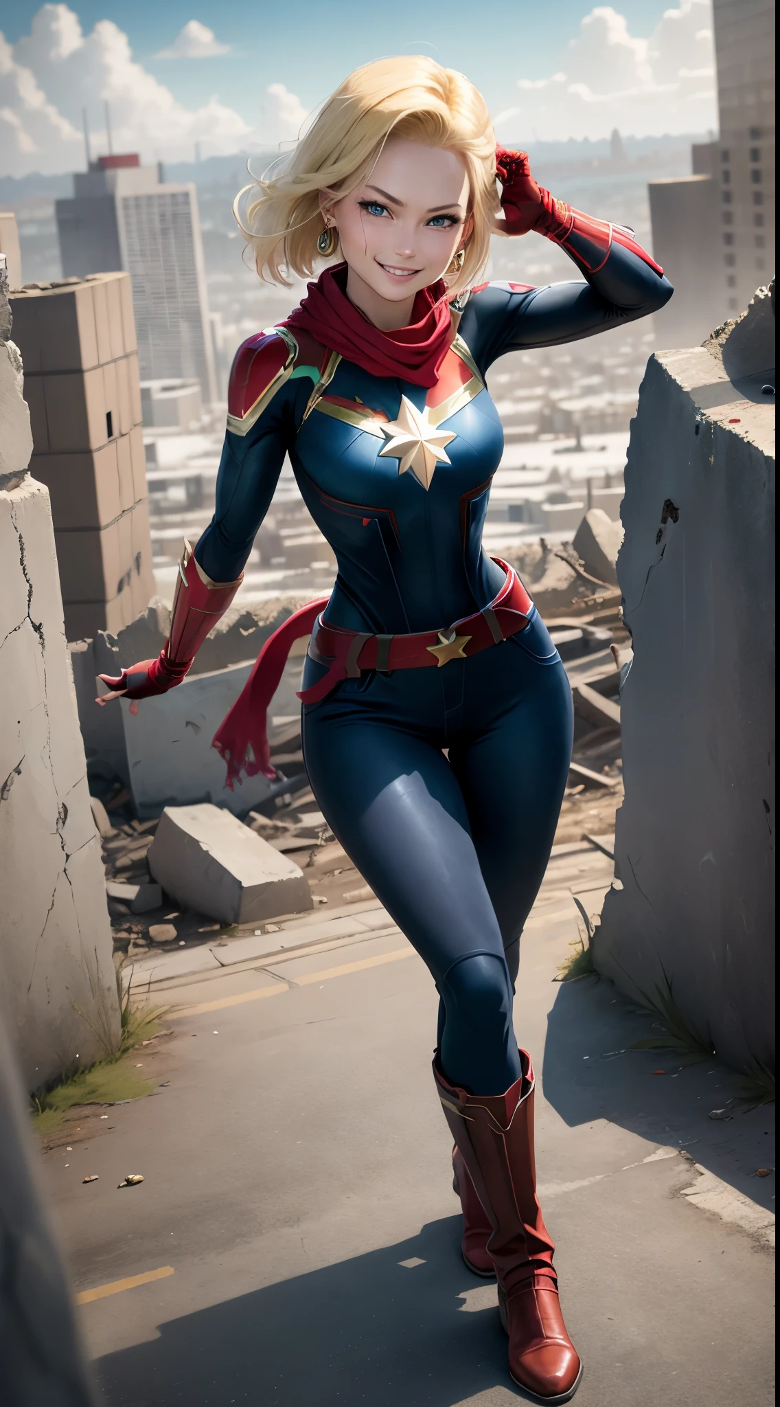 best quality, highres, and18, 1girl, android 18, solo girl, 1girl, blonde hair, blue eyes, captain marvel, belt, red boots, blue and red full length bodysuit, long pilot scarf, blue long sleeve shirt, earrings, red gloves, medium breasts, cowboy shot, city view, straight-on, (weather: windy), sexy smile, combat stance, battle ruins,