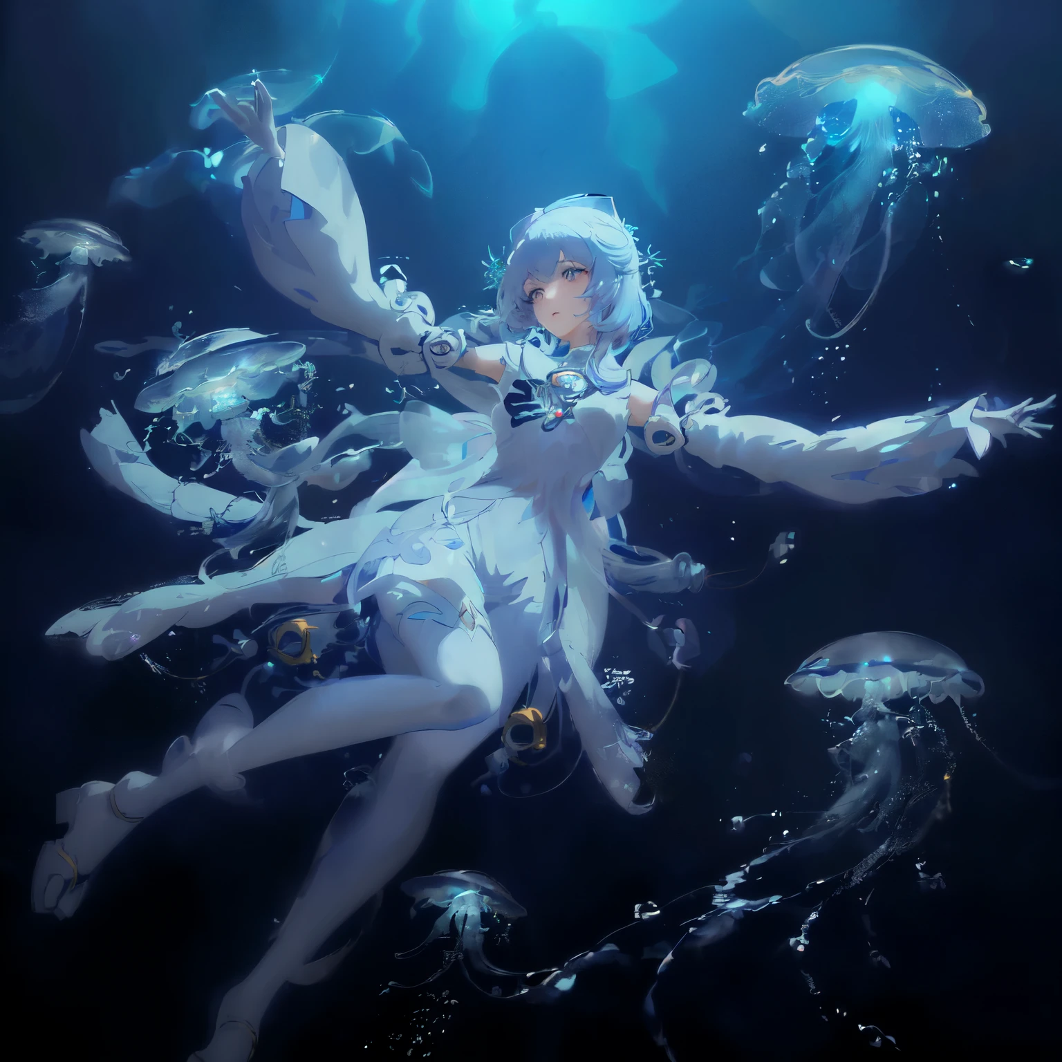 One wearing a white dress、Arafad image of woman wearing white hat, Jellyfish Priestess, Complex and gorgeous anime CGI style, Jellyfish Miko, Popular topics on cgstation, guweiz, Close-up fantasy of water magic, Anime girl walking on water, guweiz style artwork, jelly fish dancing, ethereal fantasy, victorian era，jellyfish elements