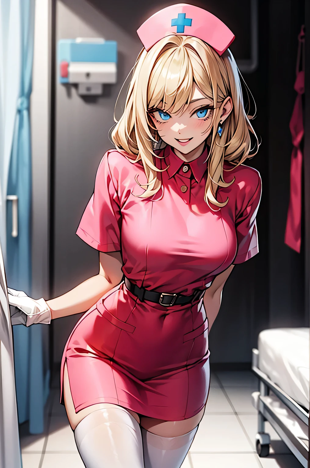 Anime nurse in red uniform walking down a hallway - SeaArt AI