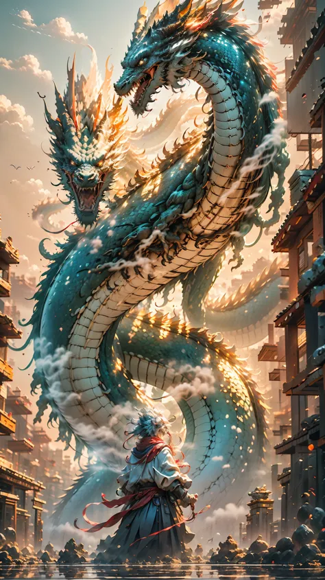 The blue and red chinese dragon,（sasuke(boy) manipulates dragons：1.3），（The sasukel has her back to the camera：1.3），Sky clouds su...