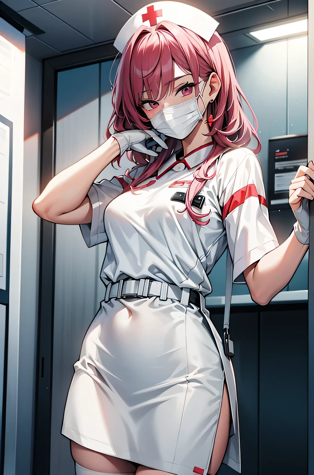 1 female, alone, nurse, nurse cap, white clothes, ((white legwear, zettai ryouiki)), white gloves, long hair, purple hair, red eyes, ((white surgical mask, covered nose)), Are standing, ((hospital room)), sharp outline, short sleeve, mature woman, 35 years old, highest quality, masterpiece